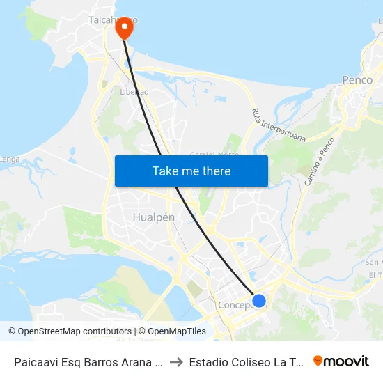 Paicaavi Esq Barros Arana  Oriente to Estadio Coliseo La Tortuga map