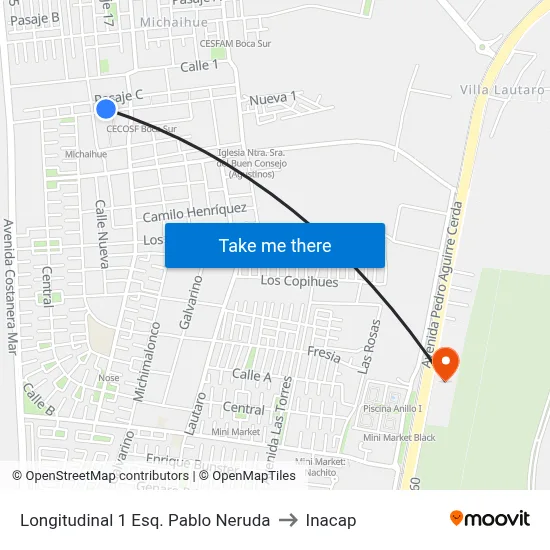 Longitudinal 1 Esq. Pablo Neruda to Inacap map