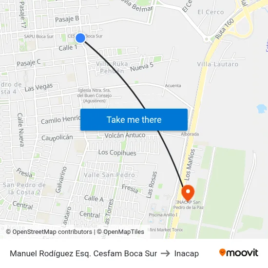 Manuel Rodíguez Esq. Cesfam Boca Sur to Inacap map