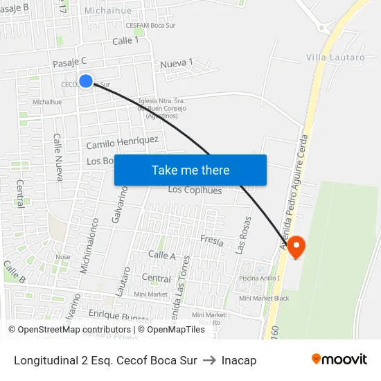 Longitudinal 2 Esq. Cecof Boca Sur to Inacap map