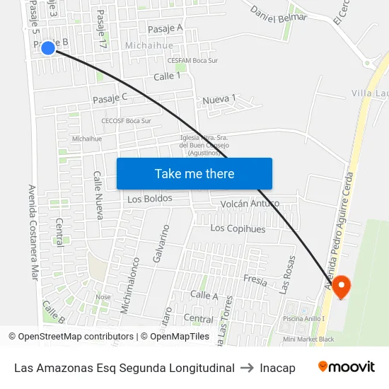 Las Amazonas Esq Segunda Longitudinal to Inacap map