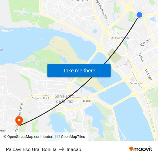 Paicavi Esq Gral Bonilla to Inacap map