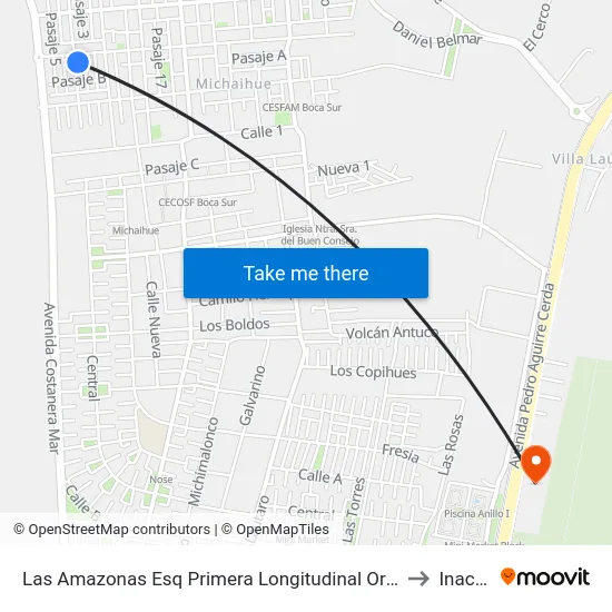 Las Amazonas Esq Primera Longitudinal  Oriente to Inacap map