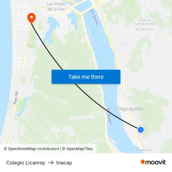 Colegio Licanray to Inacap map