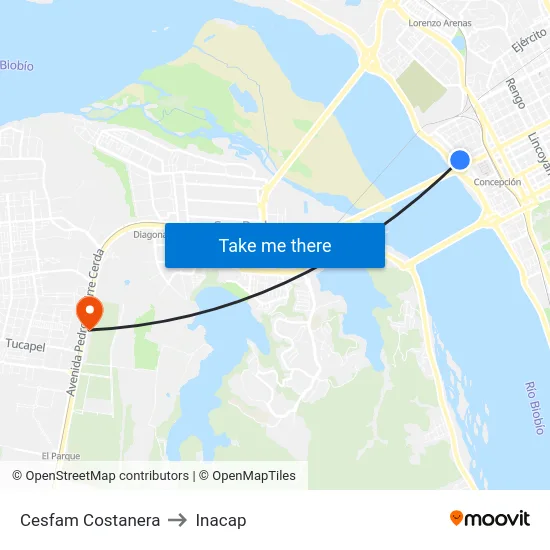 Cesfam Costanera to Inacap map
