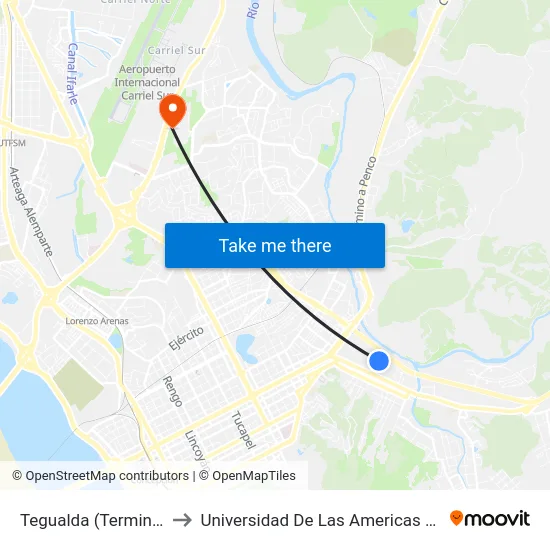 Tegualda (Terminal Collao Esq Estadio) to Universidad De Las Americas Sede Concepción Campus El Boldal map