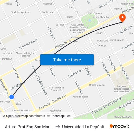 Arturo Prat Esq San Martin to Universidad La República map