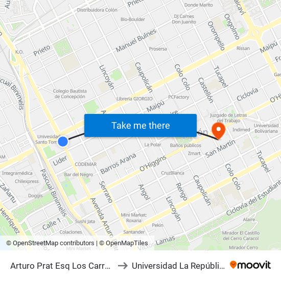 Arturo Prat Esq Los Carrera to Universidad La República map