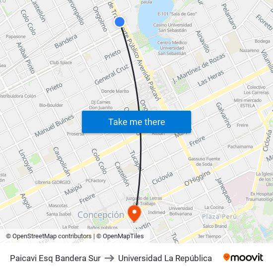 Paicavi Esq Bandera  Sur to Universidad La República map
