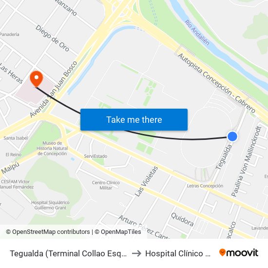 Tegualda (Terminal Collao Esq Estadio) to Hospital Clínico Del Sur map