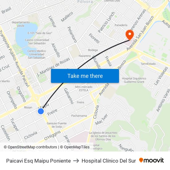 Paicavi Esq Maipu  Poniente to Hospital Clínico Del Sur map