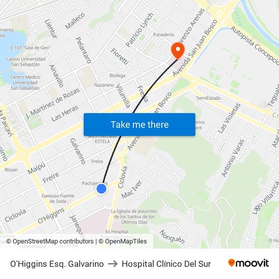 O'Higgins Esq. Galvarino to Hospital Clínico Del Sur map