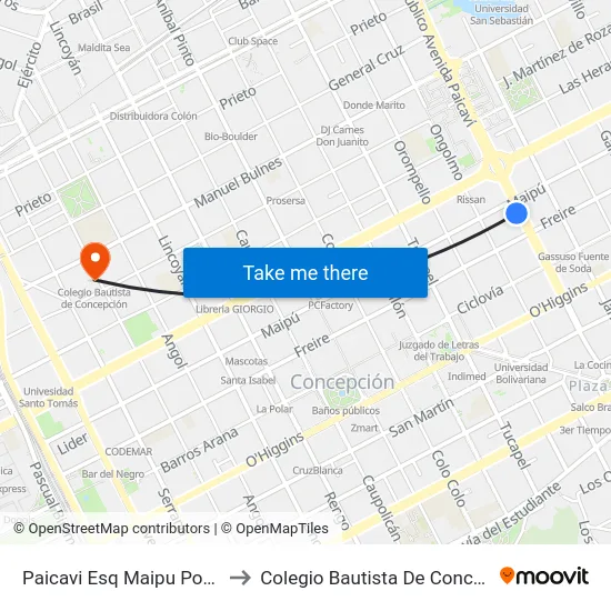 Paicavi Esq Maipu  Poniente to Colegio Bautista De Concepción map
