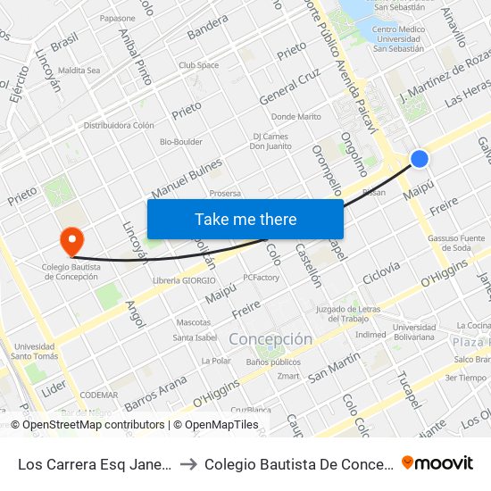 Los Carrera Esq Janequeo to Colegio Bautista De Concepción map