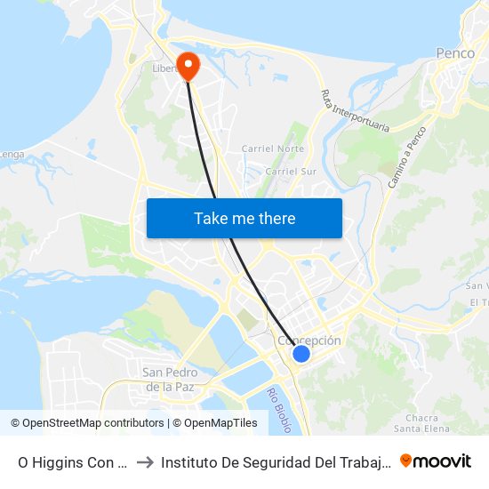 O Higgins Con Lincoyan to Instituto De Seguridad Del Trabajo De Talcahuano map