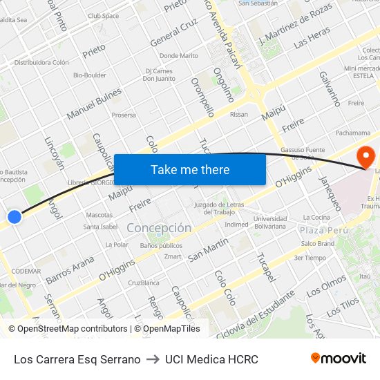 Los Carrera Esq Serrano to UCI Medica HCRC map