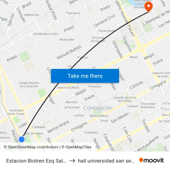 Estacion Biotren Esq Salida Sur to hall universidad san sebastian map