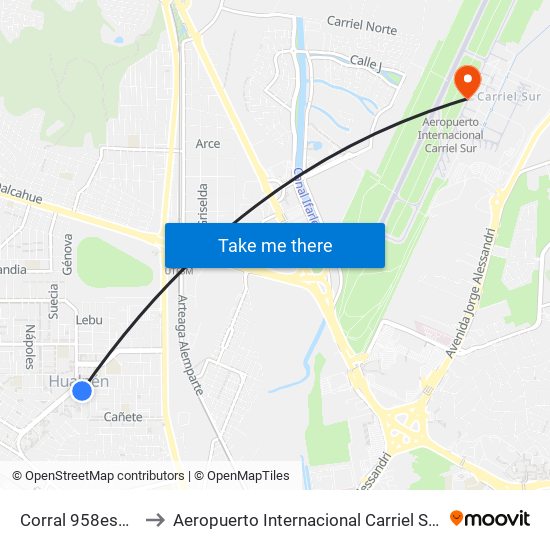 Corral  958esq976 to Aeropuerto Internacional Carriel Sur - CCP map