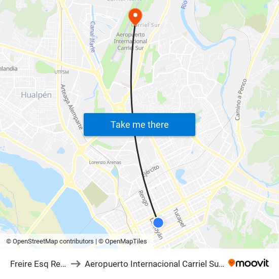 Freire Esq Rengo to Aeropuerto Internacional Carriel Sur - CCP map