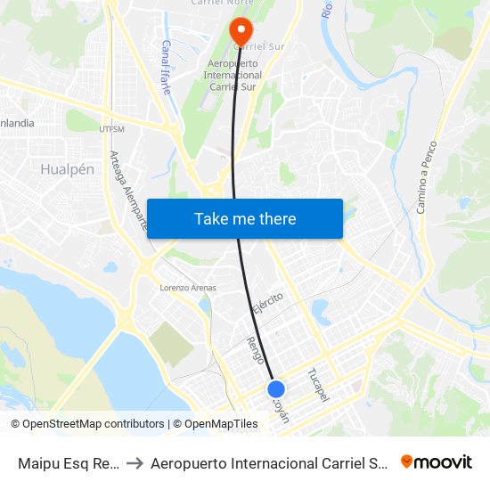 Maipu Esq Rengo to Aeropuerto Internacional Carriel Sur - CCP map
