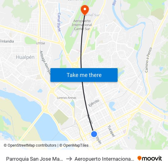 Parroquia San Jose  Maipu Esq Lincoyan to Aeropuerto Internacional Carriel Sur - CCP map