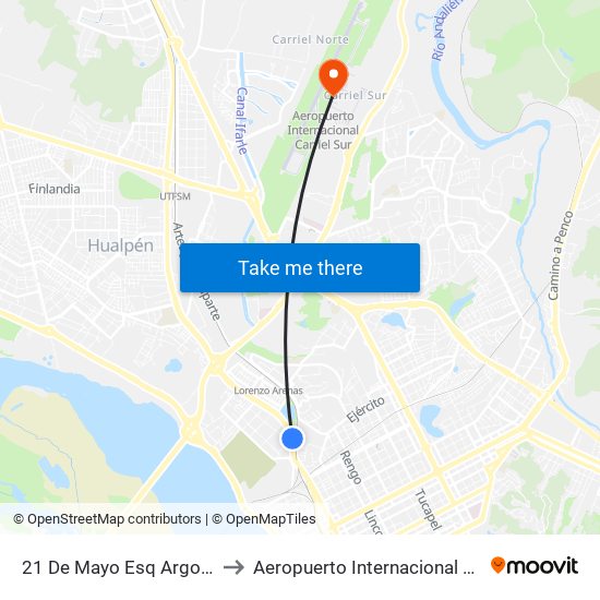 21 De Mayo Esq Argomedo  Oriente to Aeropuerto Internacional Carriel Sur - CCP map
