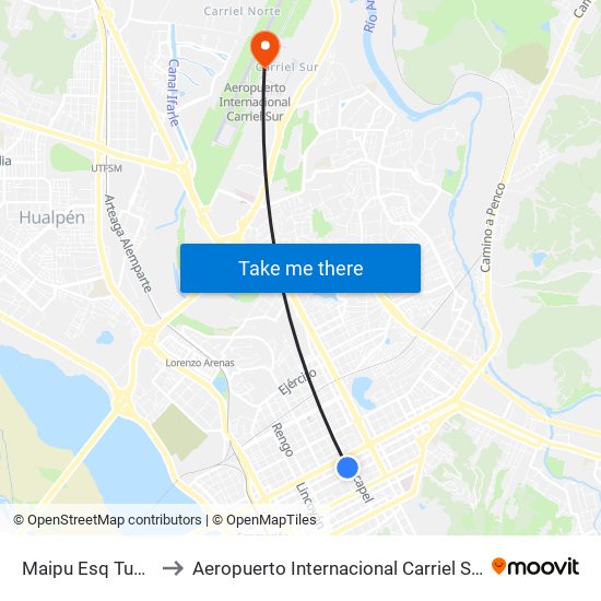 Maipu Esq Tucapel to Aeropuerto Internacional Carriel Sur - CCP map