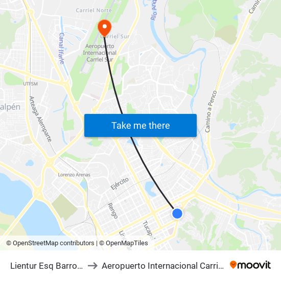 Lientur Esq Barros Arana to Aeropuerto Internacional Carriel Sur - CCP map