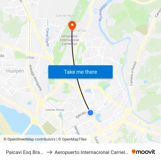 Paicavi Esq Brasil  Sur to Aeropuerto Internacional Carriel Sur - CCP map