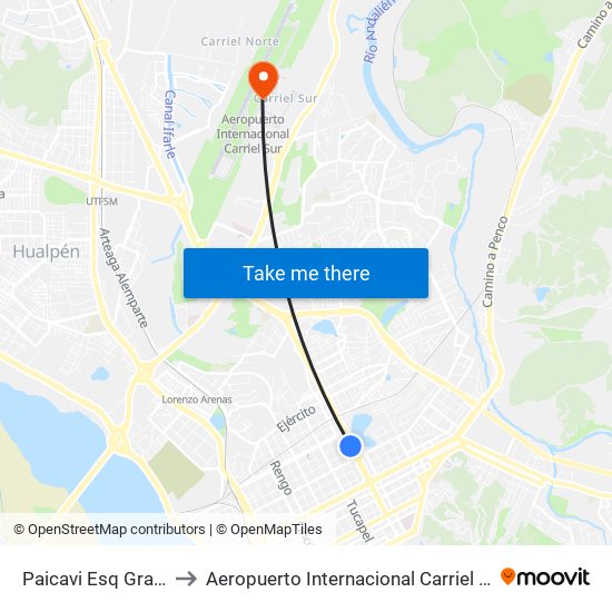 Paicavi Esq Gral Cruz to Aeropuerto Internacional Carriel Sur - CCP map