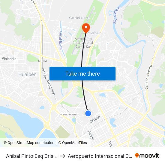 Anibal Pinto Esq Cristian Canales to Aeropuerto Internacional Carriel Sur - CCP map