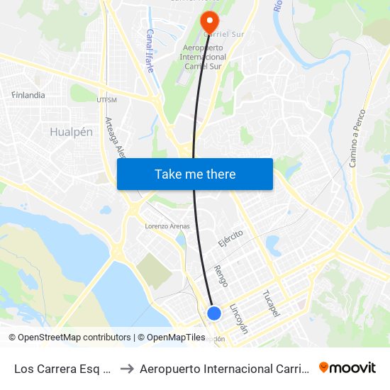 Los Carrera Esq Serrano to Aeropuerto Internacional Carriel Sur - CCP map