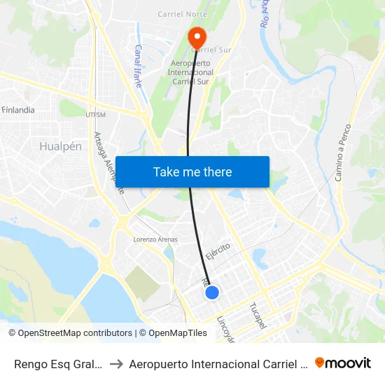 Rengo Esq Gral. Cruz to Aeropuerto Internacional Carriel Sur - CCP map