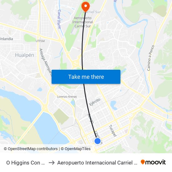 O Higgins Con Angol to Aeropuerto Internacional Carriel Sur - CCP map