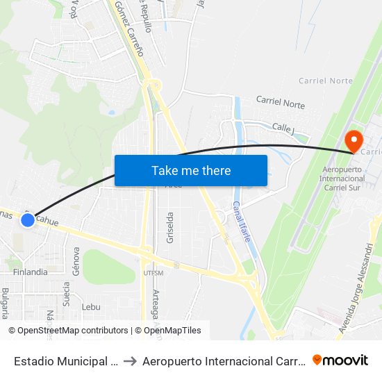 Estadio Municipal Hualpen to Aeropuerto Internacional Carriel Sur - CCP map