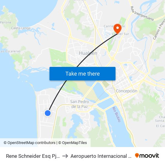 Rene Schneider Esq Pje Los Peumos to Aeropuerto Internacional Carriel Sur - CCP map