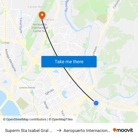 Superm Sta Isabel  Gral Novoa Esq Tegualda to Aeropuerto Internacional Carriel Sur - CCP map