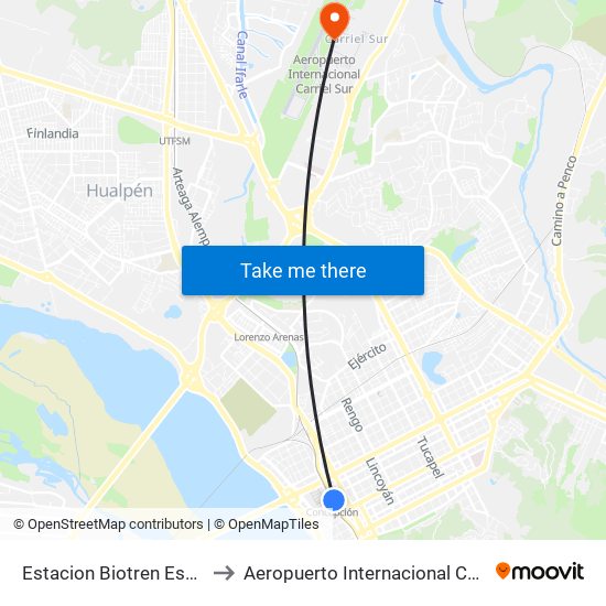 Estacion Biotren Esq Salida Sur to Aeropuerto Internacional Carriel Sur - CCP map