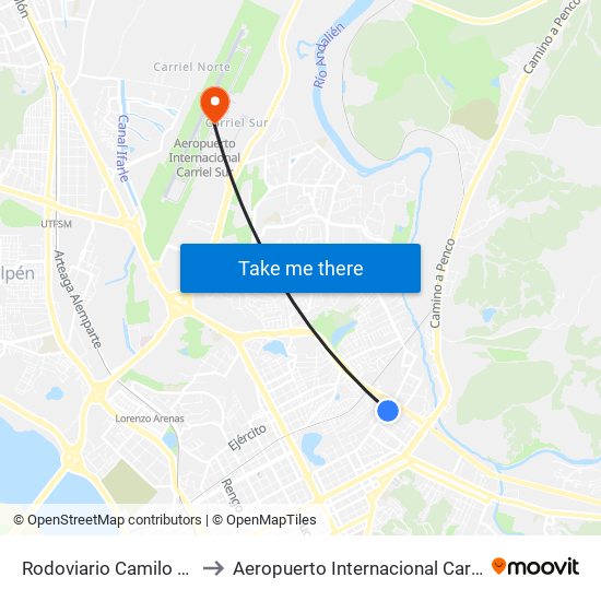 Rodoviario Camilo Henriquez to Aeropuerto Internacional Carriel Sur - CCP map