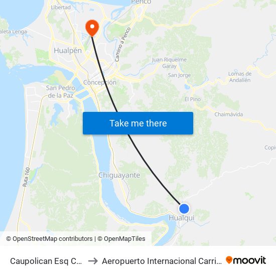 Caupolican Esq Colo Colo to Aeropuerto Internacional Carriel Sur - CCP map