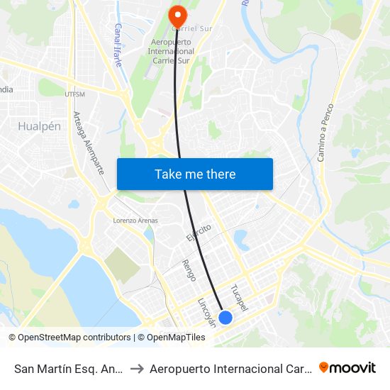 San Martín Esq. Anibal Pinto to Aeropuerto Internacional Carriel Sur - CCP map