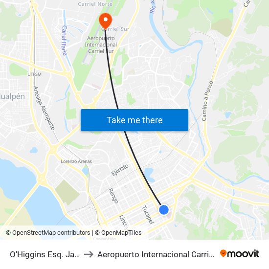O'Higgins Esq. Janequeo to Aeropuerto Internacional Carriel Sur - CCP map