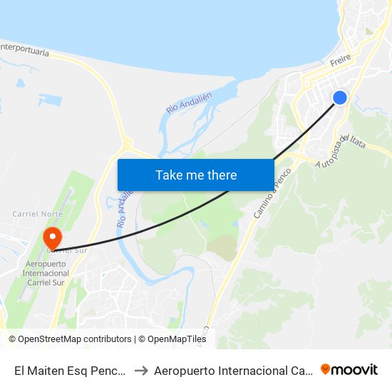 El Maiten Esq Penco  Poniente to Aeropuerto Internacional Carriel Sur - CCP map