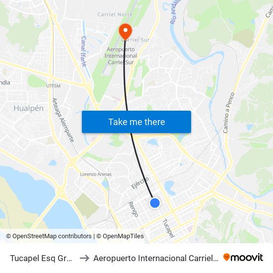 Tucapel Esq Gral Cruz to Aeropuerto Internacional Carriel Sur - CCP map