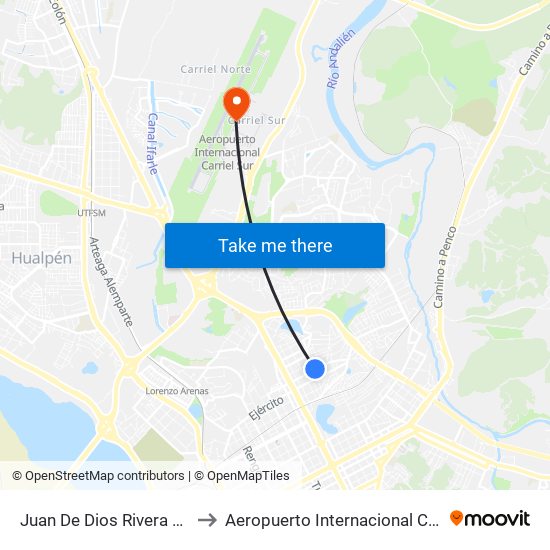 Juan De Dios Rivera Esq Ainavillo to Aeropuerto Internacional Carriel Sur - CCP map