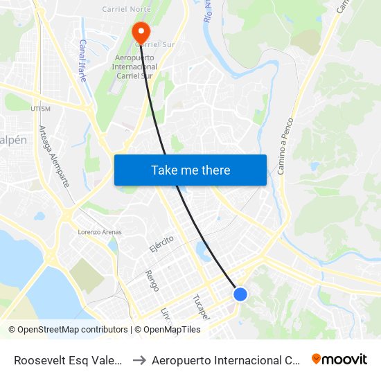 Roosevelt Esq Valentin Letelier to Aeropuerto Internacional Carriel Sur - CCP map