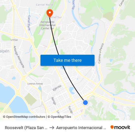 Roosevelt (Plaza San Juan Bosco) to Aeropuerto Internacional Carriel Sur - CCP map