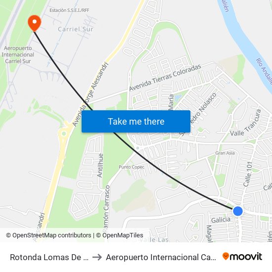 Rotonda Lomas De Bellavista to Aeropuerto Internacional Carriel Sur - CCP map