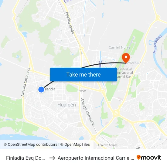 Finladia Esq Dover  Sur to Aeropuerto Internacional Carriel Sur - CCP map