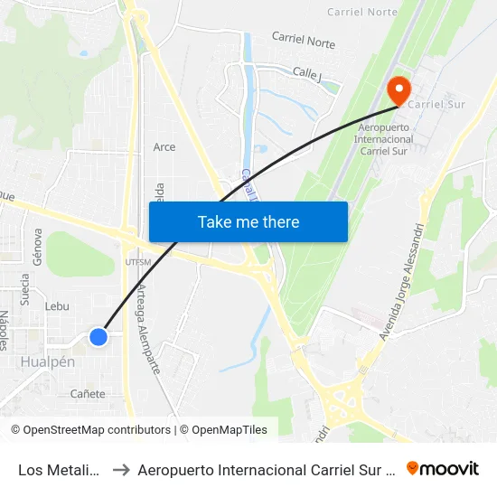 Los Metalicos to Aeropuerto Internacional Carriel Sur - CCP map
